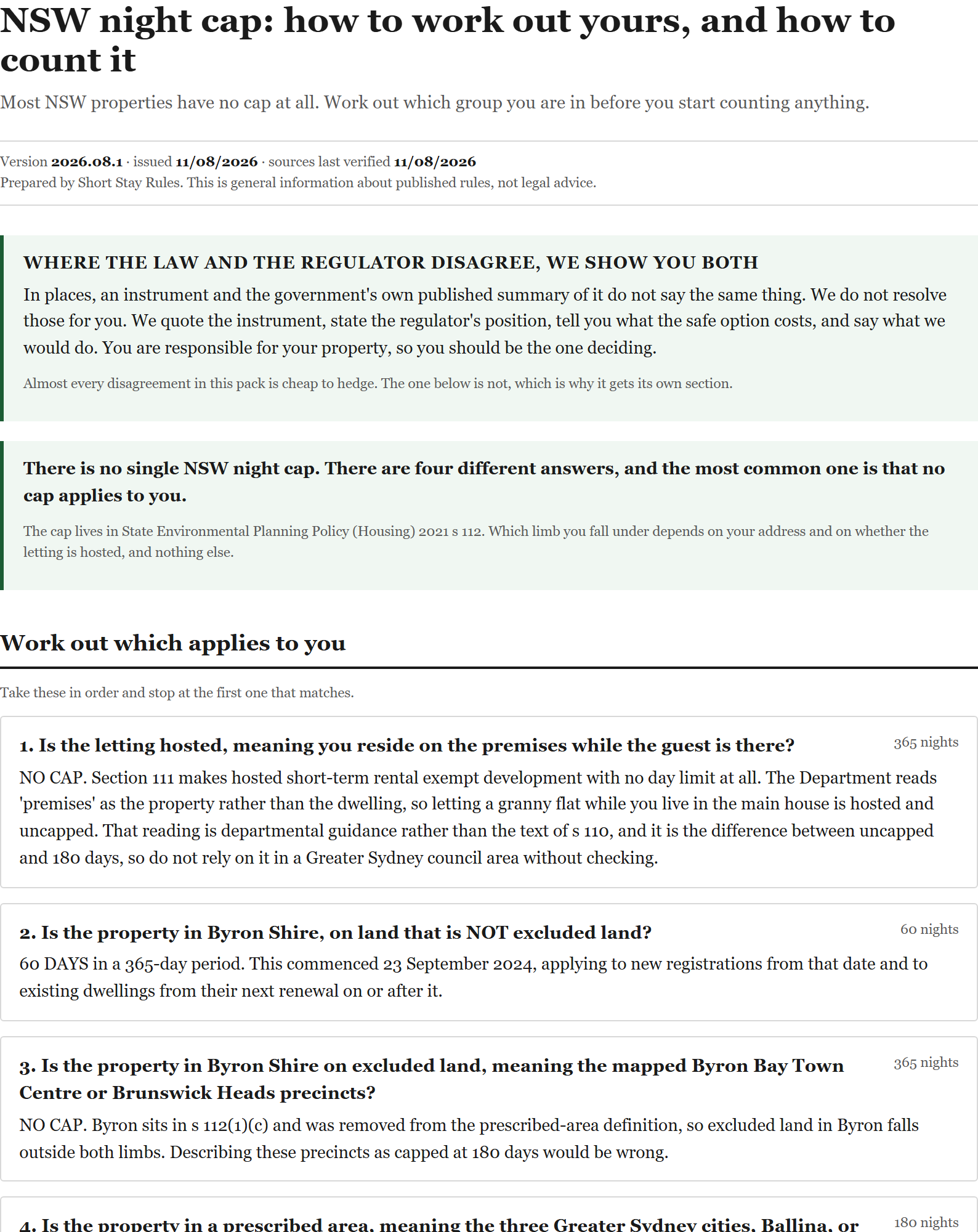 The night cap document, showing the five-question decision list